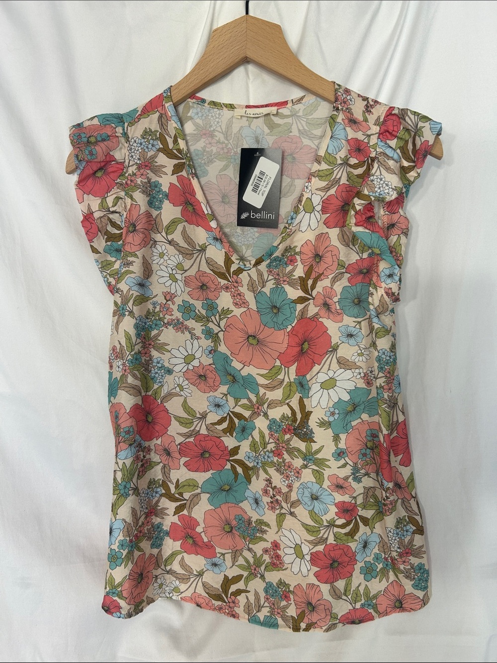 Bellini Floral V-Neck Sleeveless Blouse in Cream with Coral & Teal Flowers